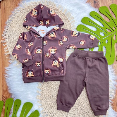 Conj. Jaqueta com Capuz Leões e Calça de Moletom - Marrom